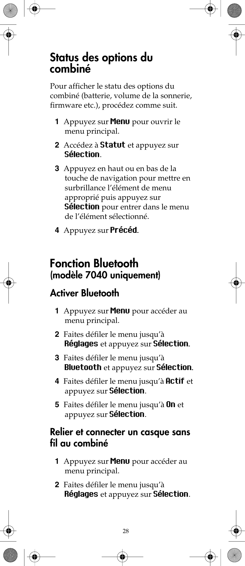 Status des options du combiné, Fonction bluetooth, Modèle 7040 uniquement) activer bluetooth | Relier et connecter un casque sans fil au combiné | Polycom KIRK 7040 User Manual | Page 28 / 76