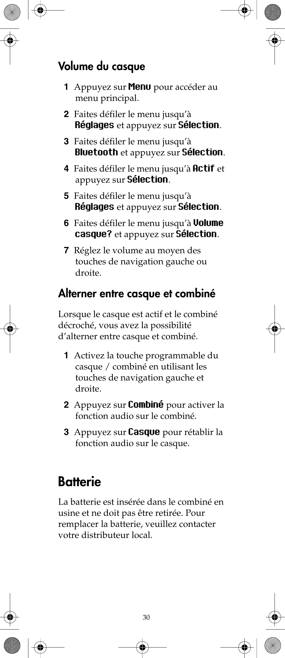 Batterie, Volume du casque, Alterner entre casque et combiné | Polycom KIRK 7040 User Manual | Page 30 / 76