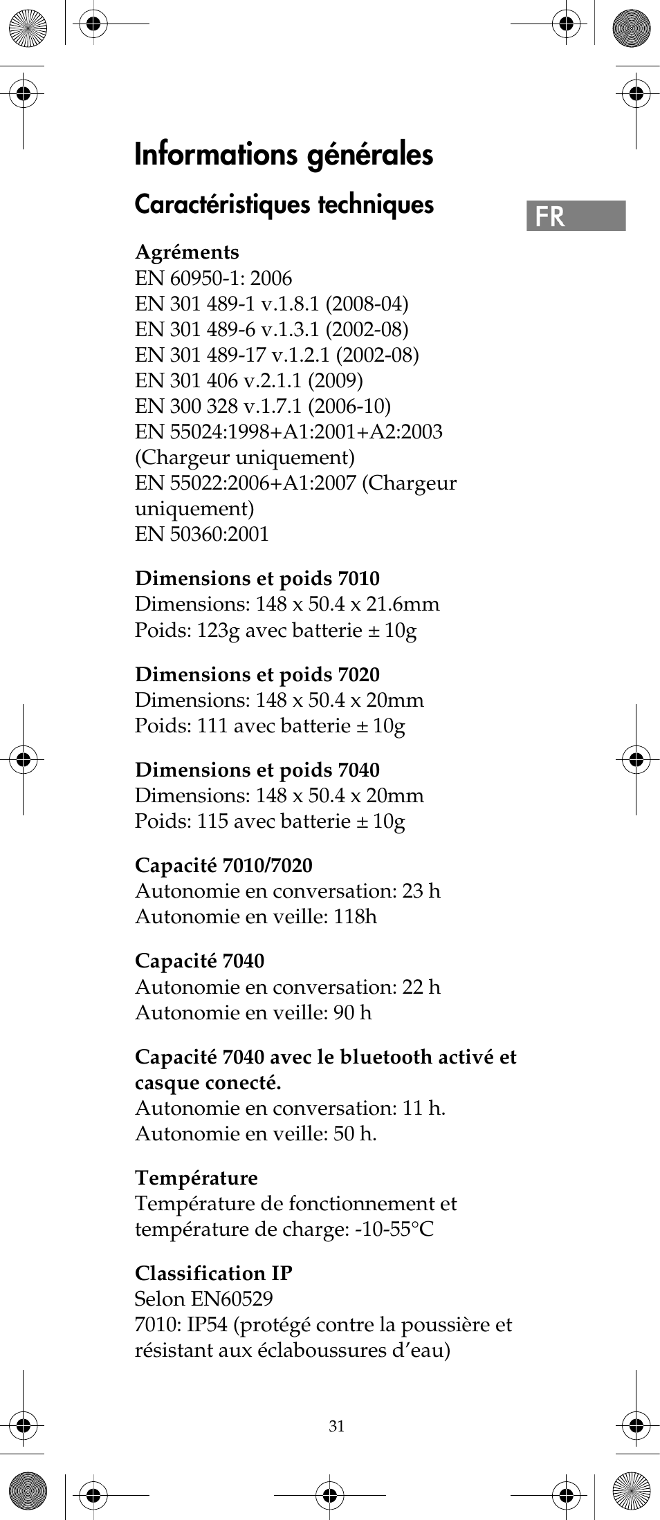 Informations générales, Caractéristiques techniques | Polycom KIRK 7040 User Manual | Page 31 / 76