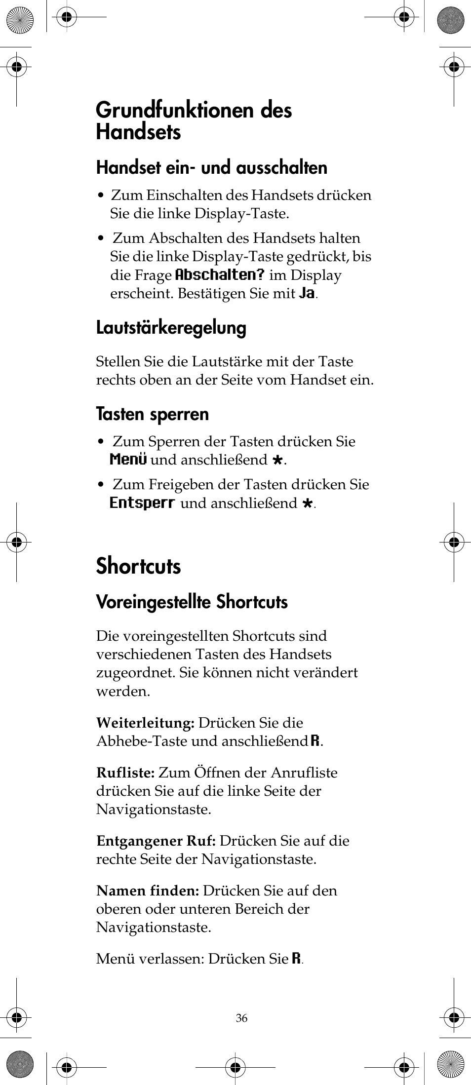 Grundfunktionen des handsets, Shortcuts, Handset ein- und ausschalten | Lautstärkeregelung, Tasten sperren, Voreingestellte shortcuts | Polycom KIRK 7040 User Manual | Page 36 / 76