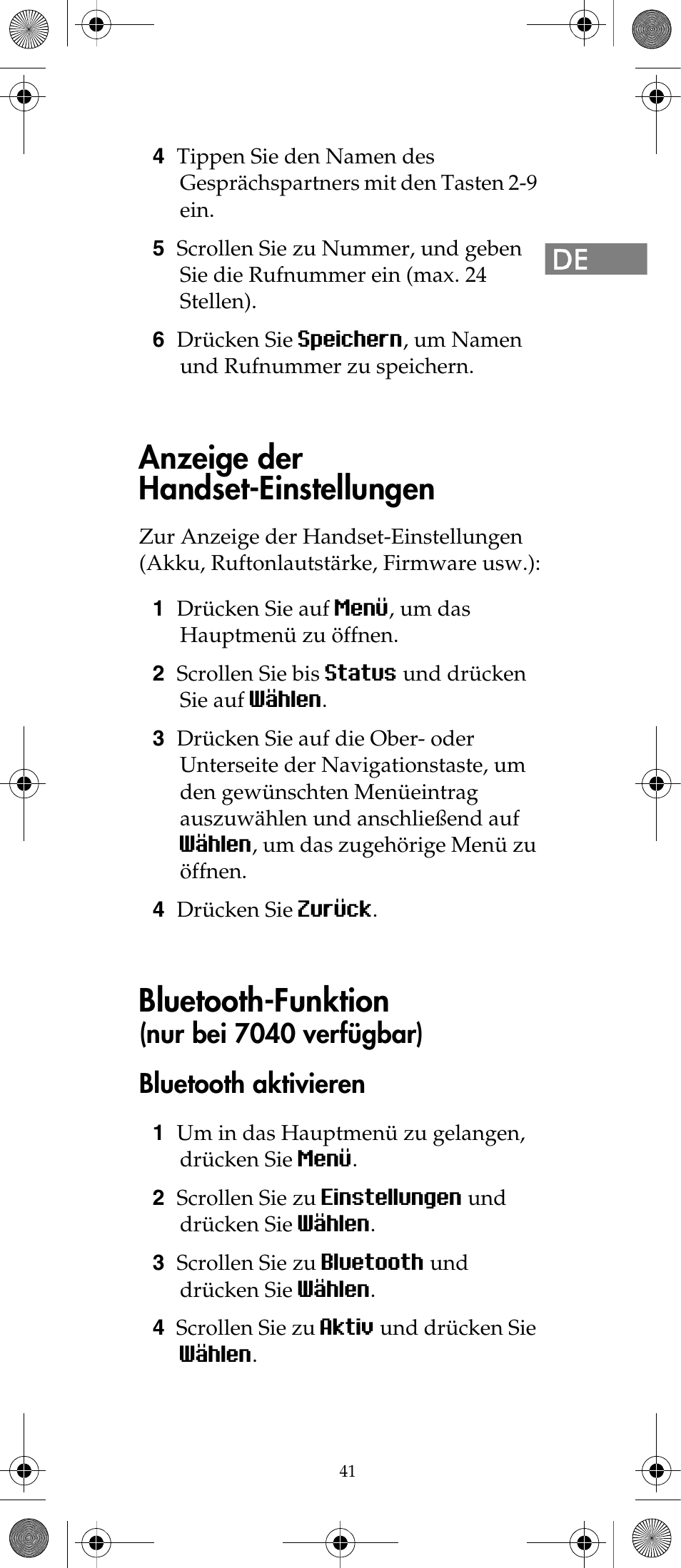 Anzeige der handset-einstellungen, Bluetooth-funktion, Nur bei 7040 verfügbar) bluetooth aktivieren | Polycom KIRK 7040 User Manual | Page 41 / 76