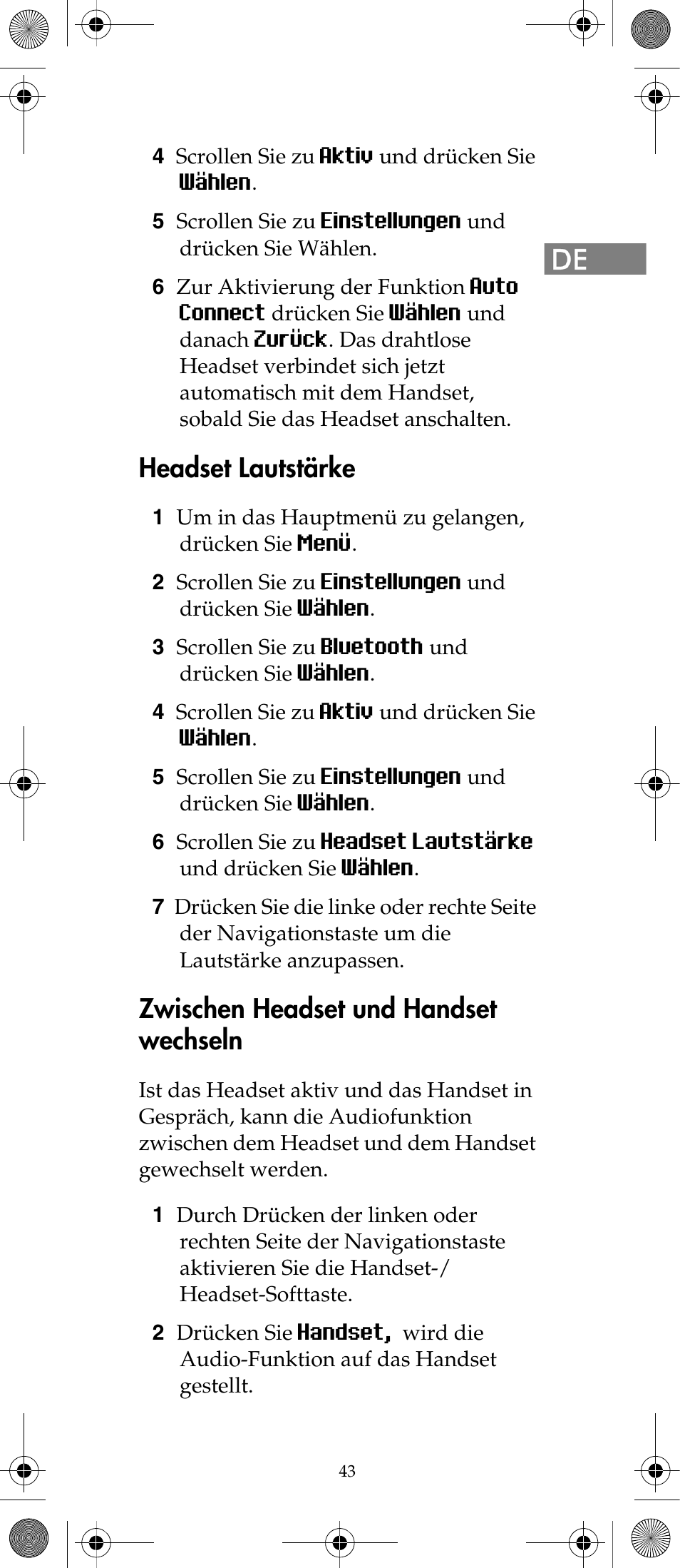 Headset lautstärke, Zwischen headset und handset wechseln | Polycom KIRK 7040 User Manual | Page 43 / 76