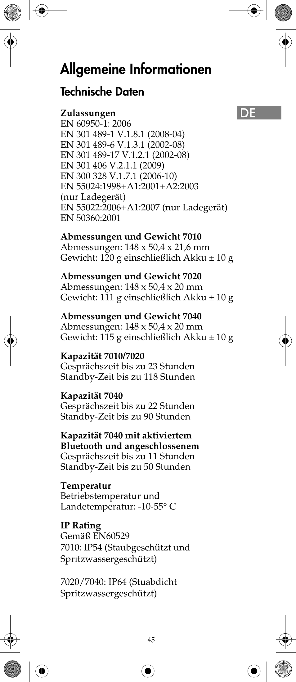 Allgemeine informationen, Technische daten | Polycom KIRK 7040 User Manual | Page 45 / 76