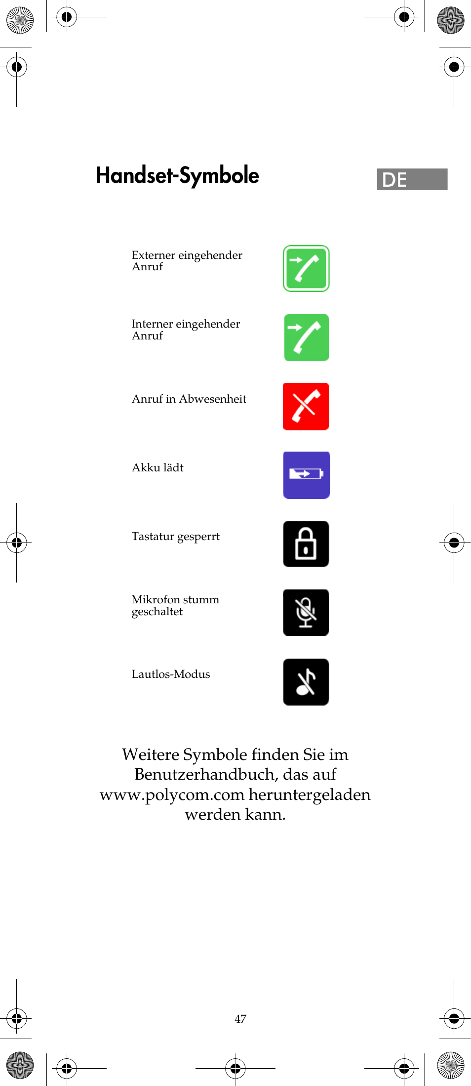 Handset-symbole | Polycom KIRK 7040 User Manual | Page 47 / 76