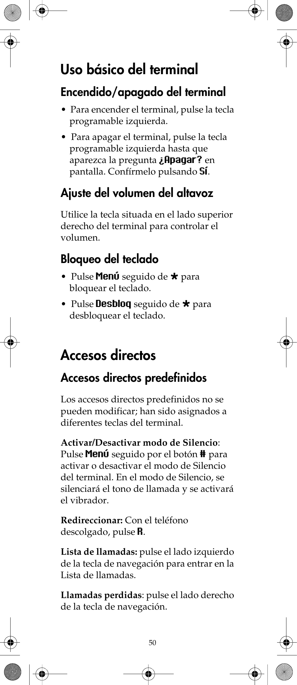 Uso básico del terminal, Accesos directos, Encendido/apagado del terminal | Ajuste del volumen del altavoz, Bloqueo del teclado, Accesos directos predefinidos | Polycom KIRK 7040 User Manual | Page 50 / 76