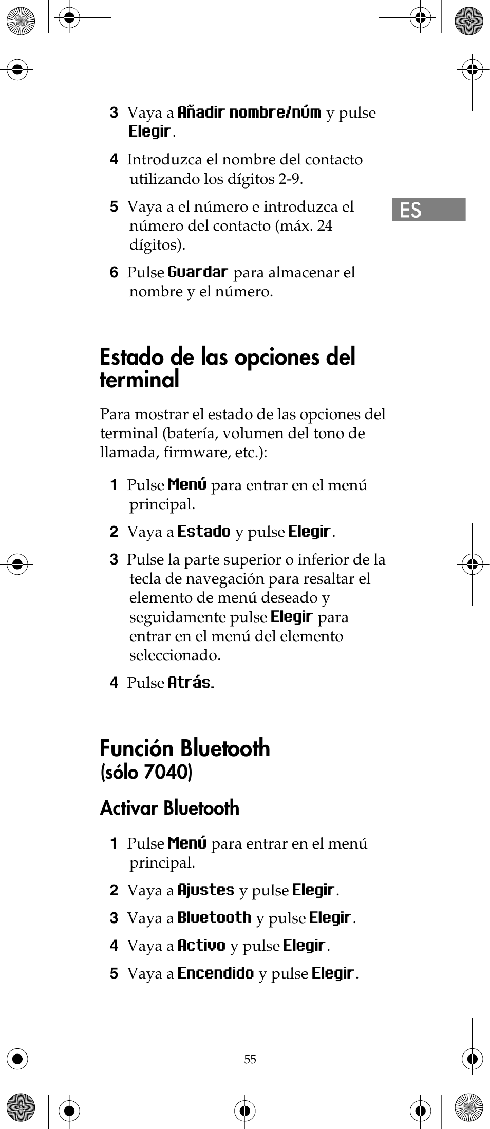 Estado de las opciones del terminal, Función bluetooth, Sólo 7040) activar bluetooth | Polycom KIRK 7040 User Manual | Page 55 / 76