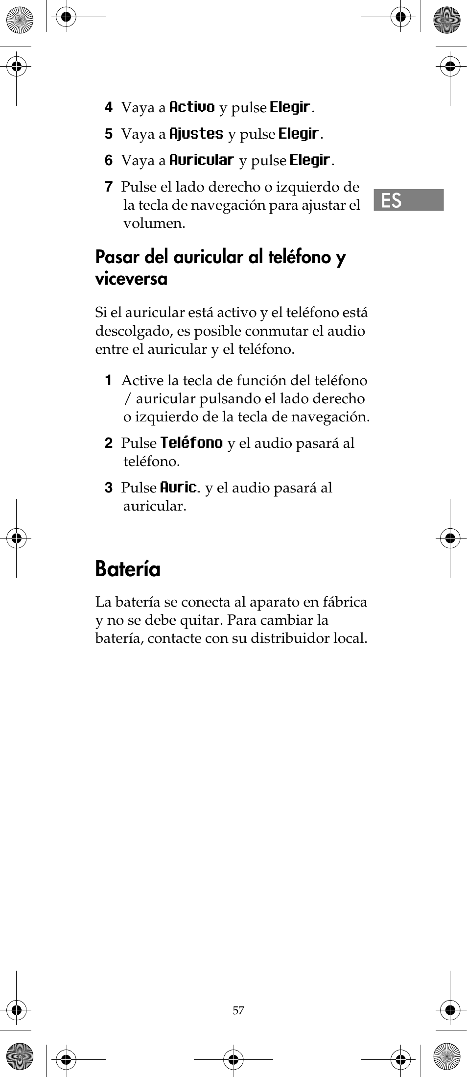 Batería, Pasar del auricular al teléfono y viceversa | Polycom KIRK 7040 User Manual | Page 57 / 76