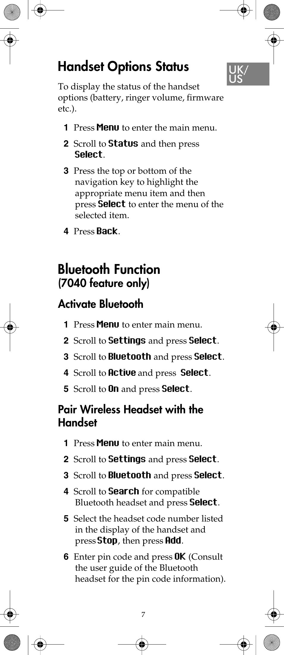 Handset options status, Bluetooth function, 7040 feature only) activate bluetooth | Pair wireless headset with the handset | Polycom KIRK 7040 User Manual | Page 7 / 76