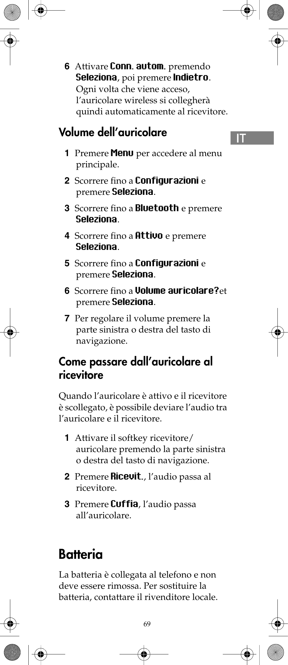 Batteria, Volume dell’auricolare, Come passare dall’auricolare al ricevitore | Polycom KIRK 7040 User Manual | Page 71 / 76