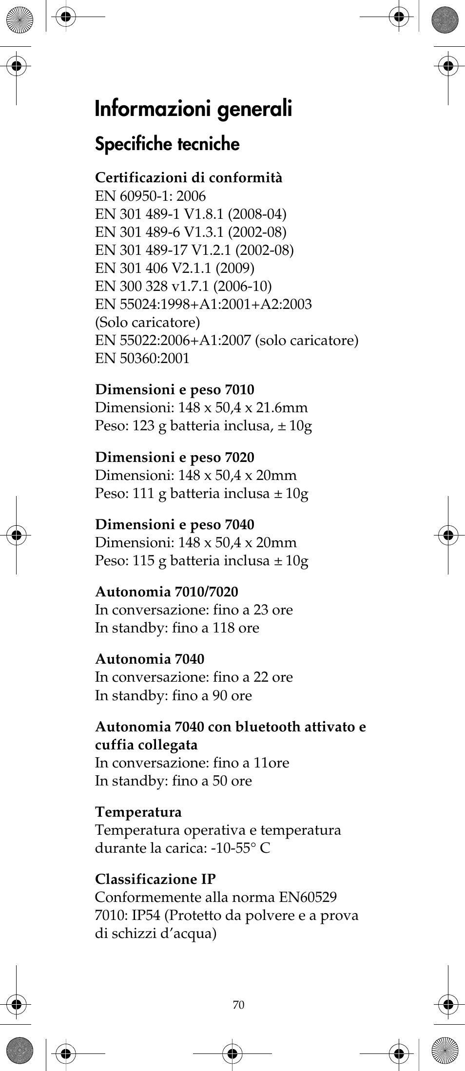 Informazioni generali, Specifiche tecniche | Polycom KIRK 7040 User Manual | Page 72 / 76