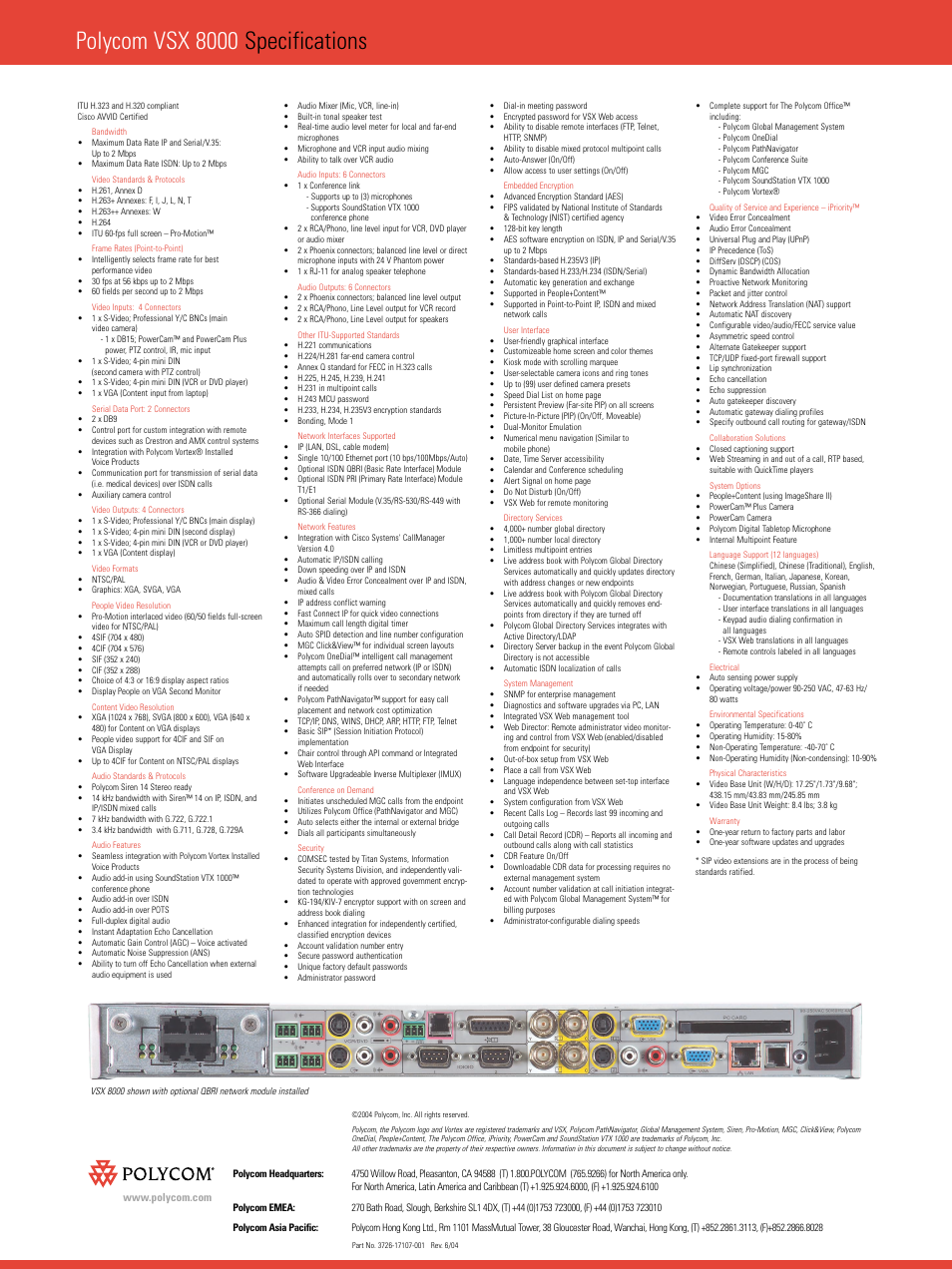 Polycom vsx 8000 specifications | Polycom VSXTM 8000 User Manual | Page 2 / 2