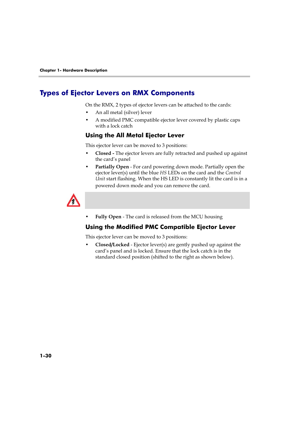 Types of ejector levers on rmx components, Using the all metal ejector lever, Using the modified pmc compatible ejector lever | Types of ejector levers on rmx components -30 | Polycom DOC2558A User Manual | Page 36 / 45