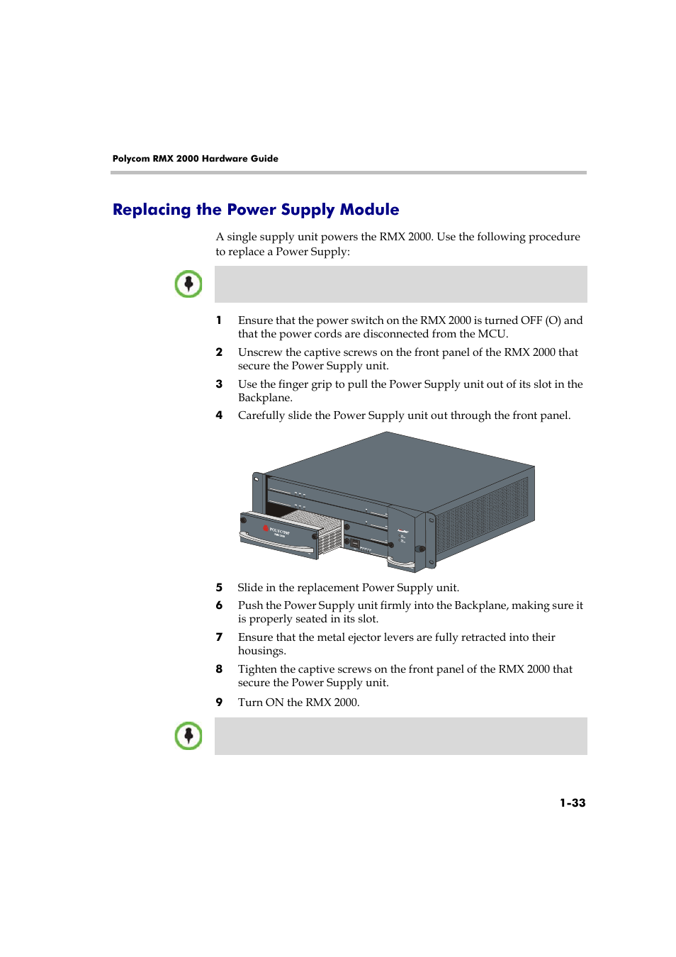 Replacing the power supply module, Replacing the power supply module -33, Le, see " replacing the power supply module” on | Polycom DOC2558A User Manual | Page 39 / 45