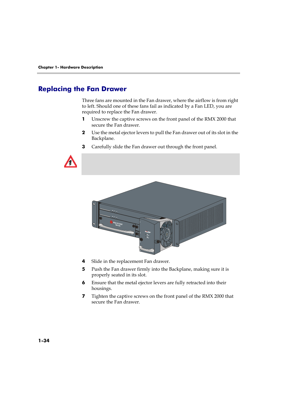 Replacing the fan drawer, Replacing the fan drawer -34 | Polycom DOC2558A User Manual | Page 40 / 45