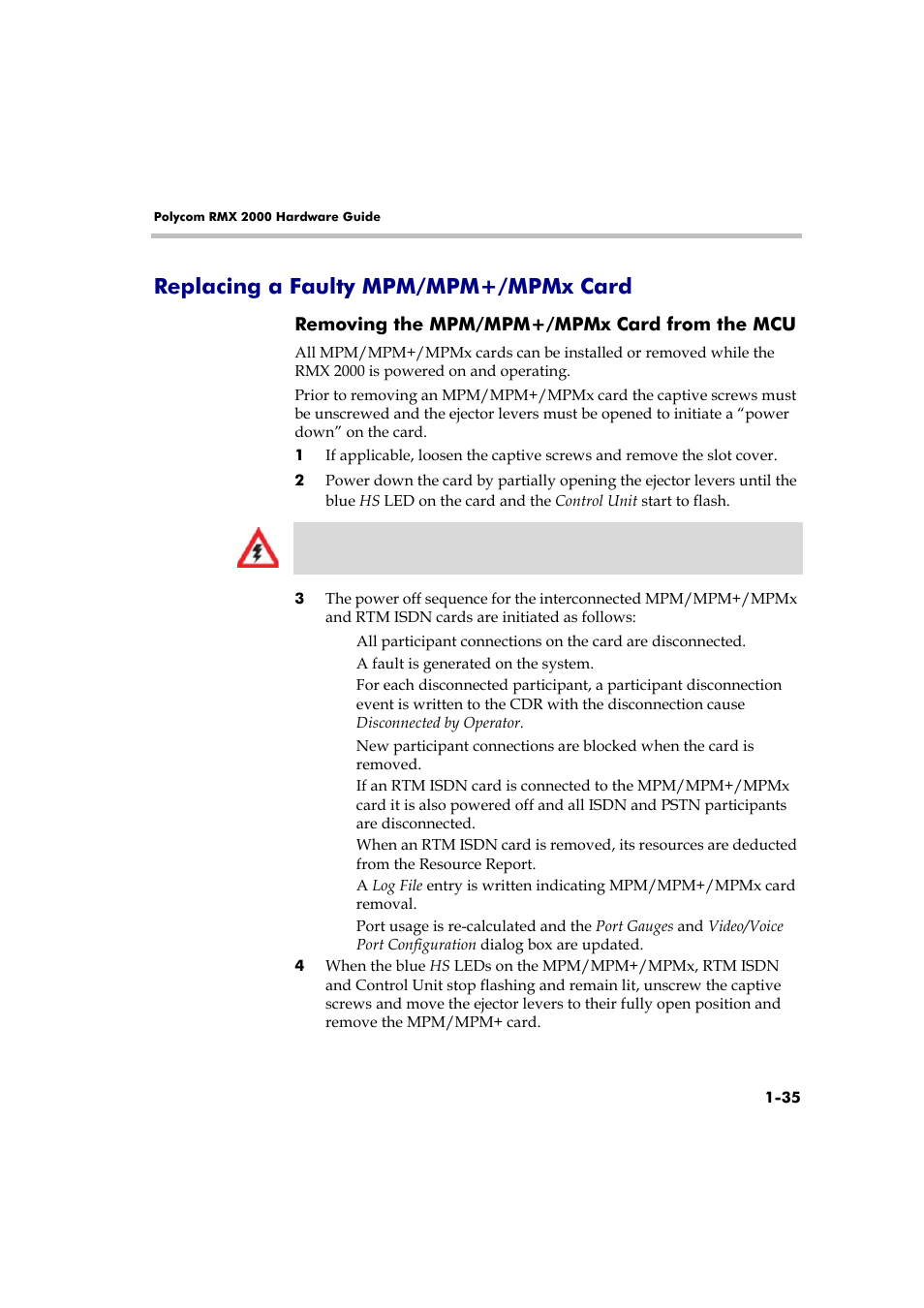 Replacing a faulty mpm/mpm+/mpmx card, Removing the mpm/mpm+/mpmx card from the mcu, Replacing a faulty mpm/mpm+/mpmx card -35 | Polycom DOC2558A User Manual | Page 41 / 45