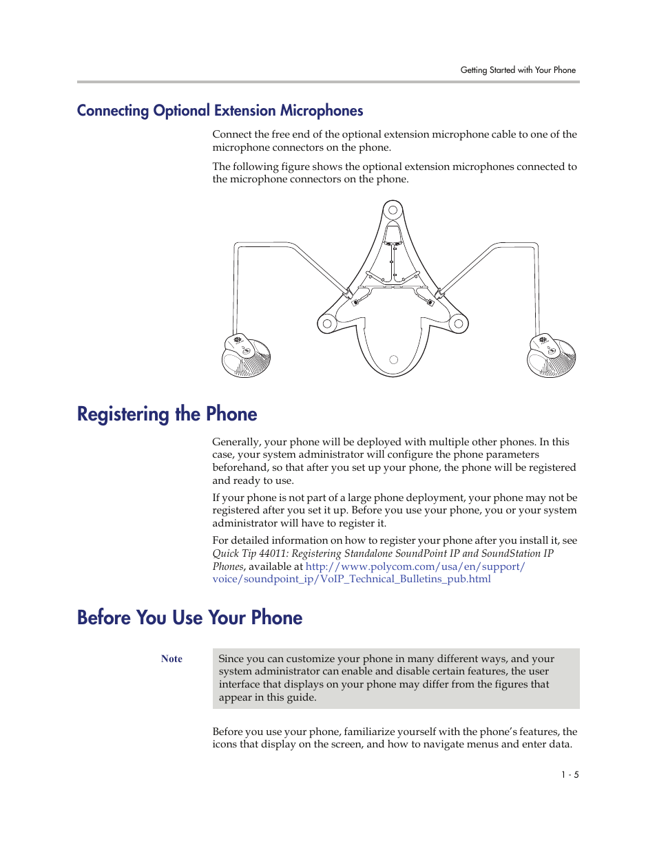 Connecting optional extension microphones, Registering the phone, Before you use your phone | Connecting optional extension microphones -5 | Polycom SoundStation IP 6000 User Manual | Page 13 / 86