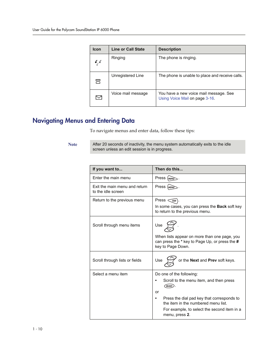 Navigating menus and entering data, Navigating menus and entering data -10 | Polycom SoundStation IP 6000 User Manual | Page 18 / 86