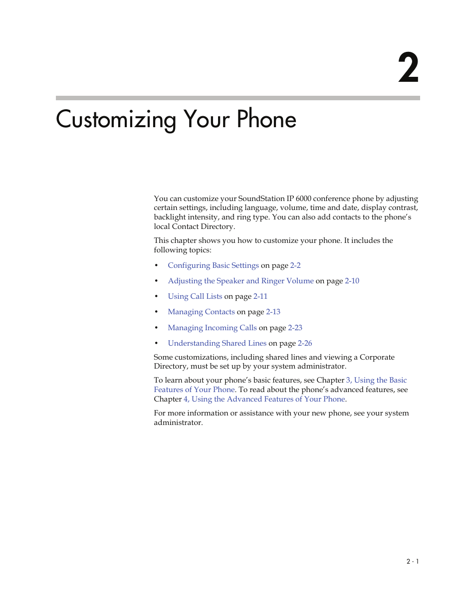 Customizing your phone, 2 customizing your phone -1 | Polycom SoundStation IP 6000 User Manual | Page 21 / 86