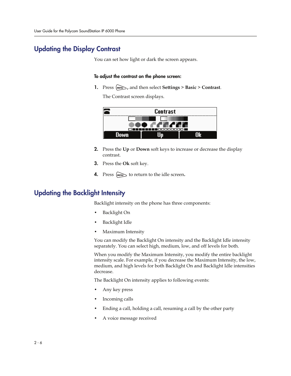 Updating the display contrast, Updating the backlight intensity | Polycom SoundStation IP 6000 User Manual | Page 26 / 86