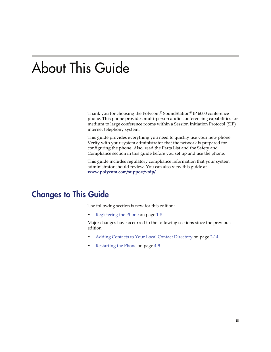 About this guide, Changes to this guide | Polycom SoundStation IP 6000 User Manual | Page 3 / 86