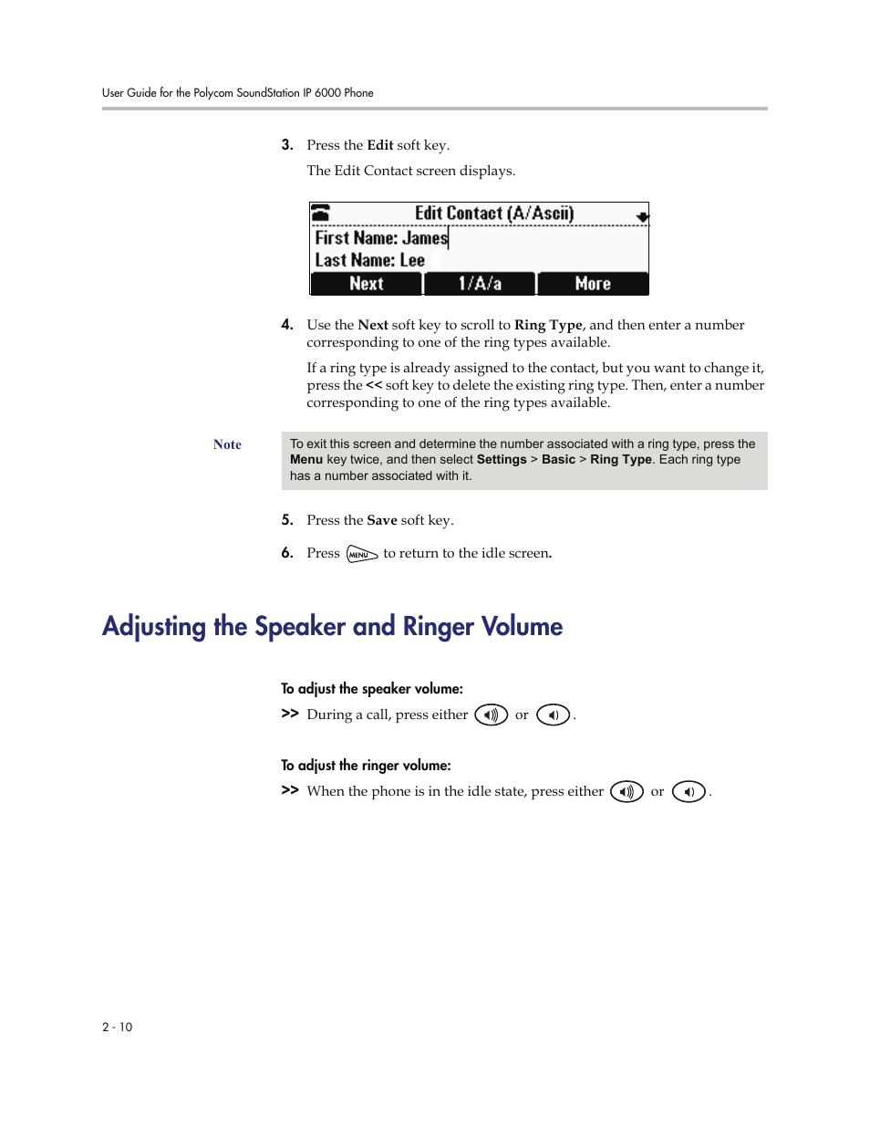 Adjusting the speaker and ringer volume, Adjusting the speaker and ringer volume -10 | Polycom SoundStation IP 6000 User Manual | Page 30 / 86