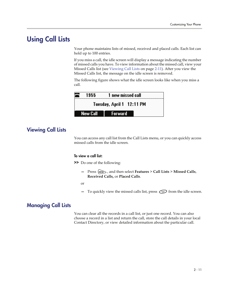 Using call lists, Viewing call lists, Managing call lists | Using call lists -11, Viewing call lists -11 managing call lists -11 | Polycom SoundStation IP 6000 User Manual | Page 31 / 86
