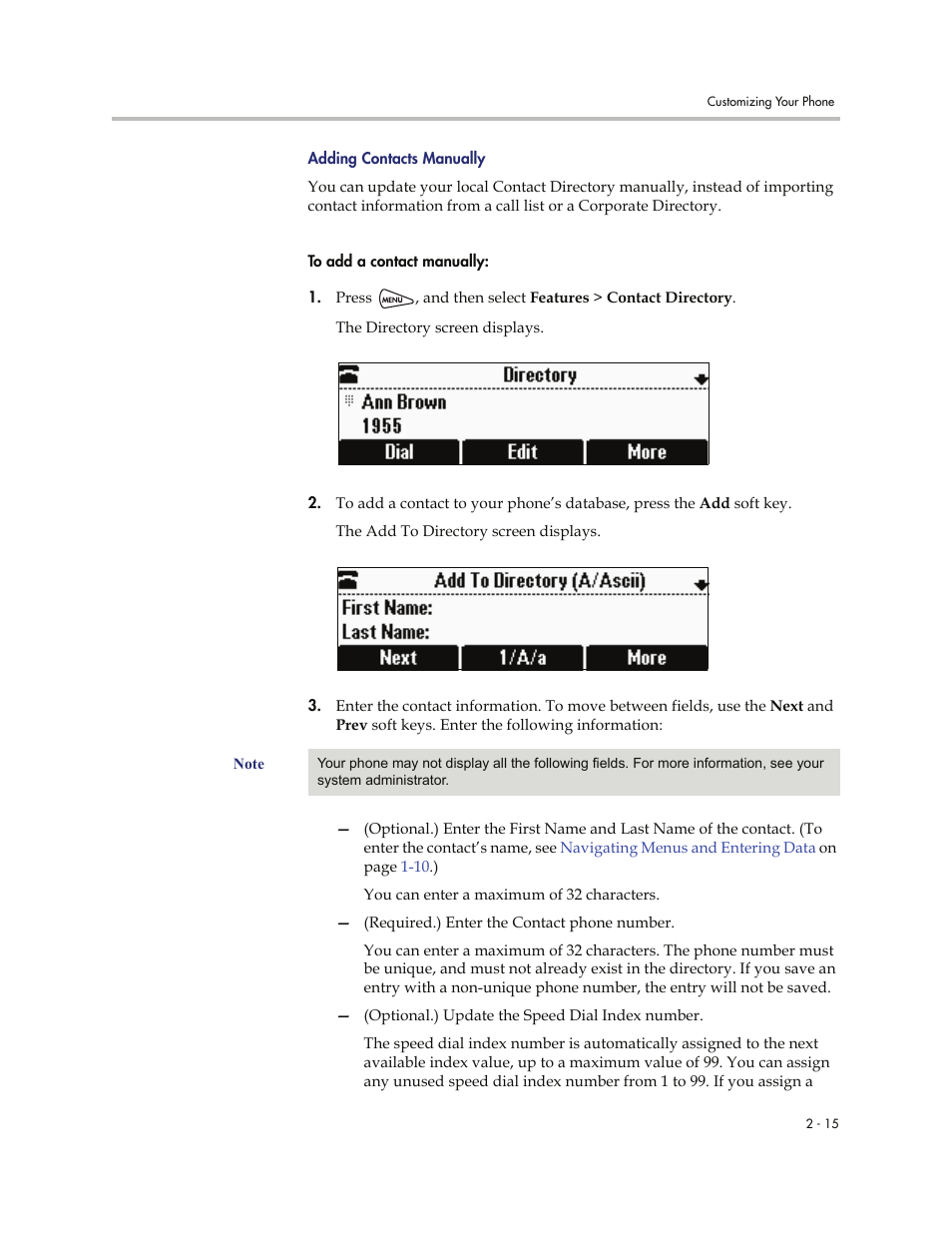 Adding contacts manually -15 | Polycom SoundStation IP 6000 User Manual | Page 35 / 86