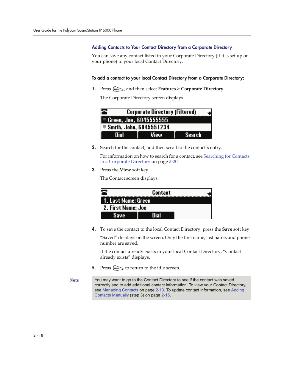 Adding contacts to your contact directory from a, Corporate directory -18, Adding contacts to | Your contact directory from a corporate directory | Polycom SoundStation IP 6000 User Manual | Page 38 / 86