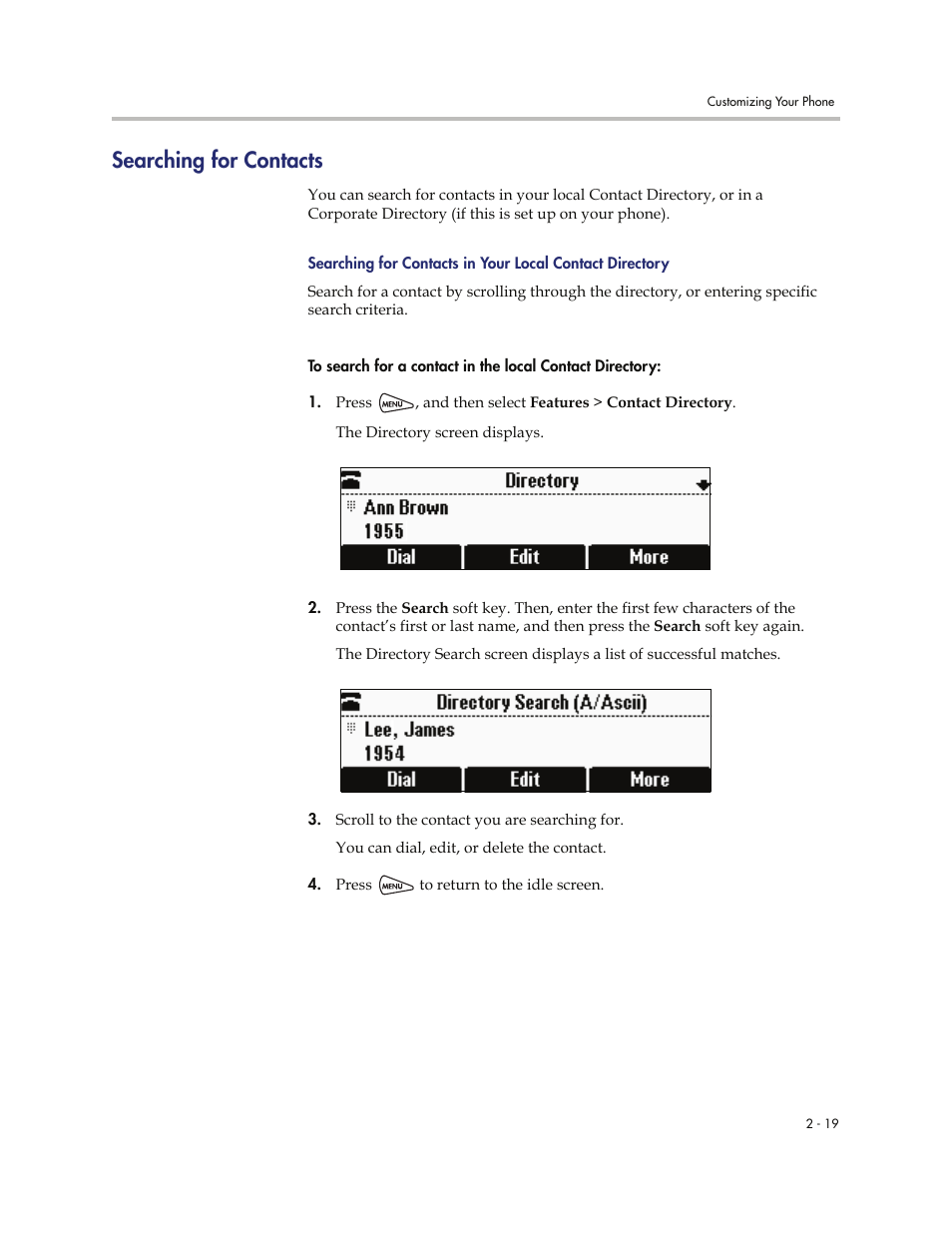 Searching for contacts, Searching for contacts -19 | Polycom SoundStation IP 6000 User Manual | Page 39 / 86