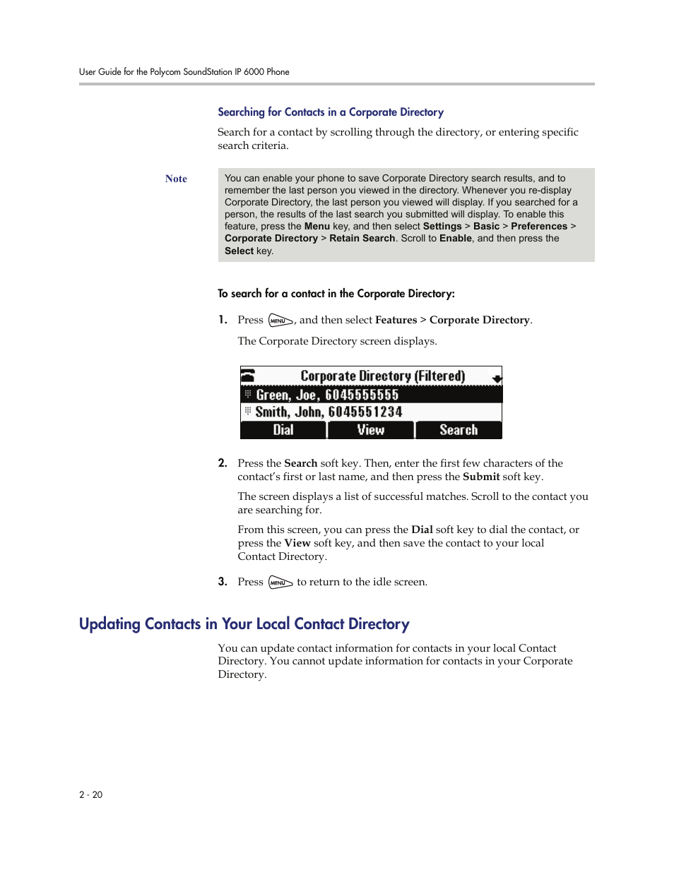 Updating contacts in your local contact directory, Searching for contacts in a, Corporate directory | Searching, For contacts in a corporate directory, Searching for contacts, In a corporate directory | Polycom SoundStation IP 6000 User Manual | Page 40 / 86