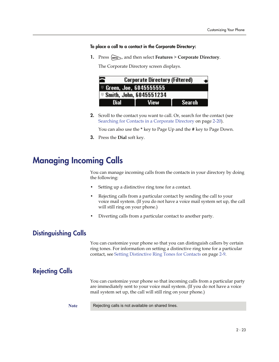 Managing incoming calls, Distinguishing calls, Rejecting calls | Managing incoming calls -23, Distinguishing calls -23 rejecting calls -23 | Polycom SoundStation IP 6000 User Manual | Page 43 / 86