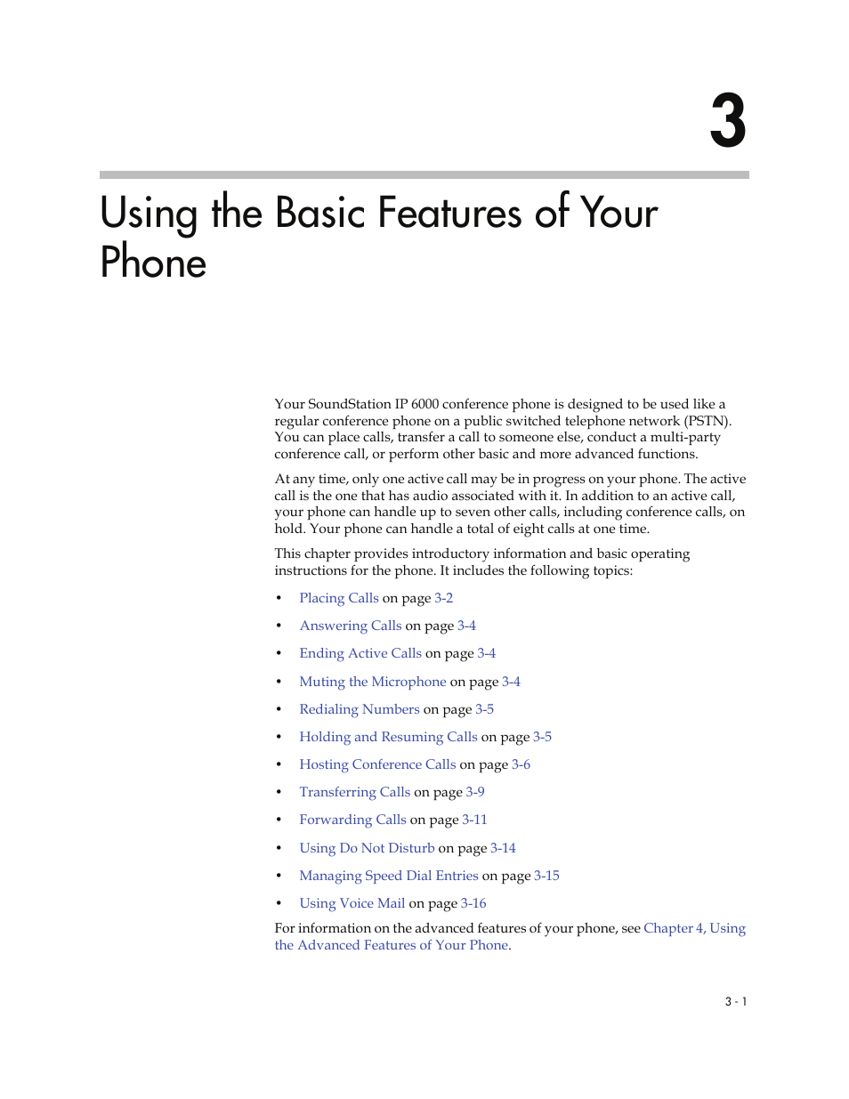 Using the basic features of your phone, 3 using the basic features of your phone -1, 3, using the basic features of your phone | To read abou, 3, using the basic, Features of your phone | Polycom SoundStation IP 6000 User Manual | Page 47 / 86