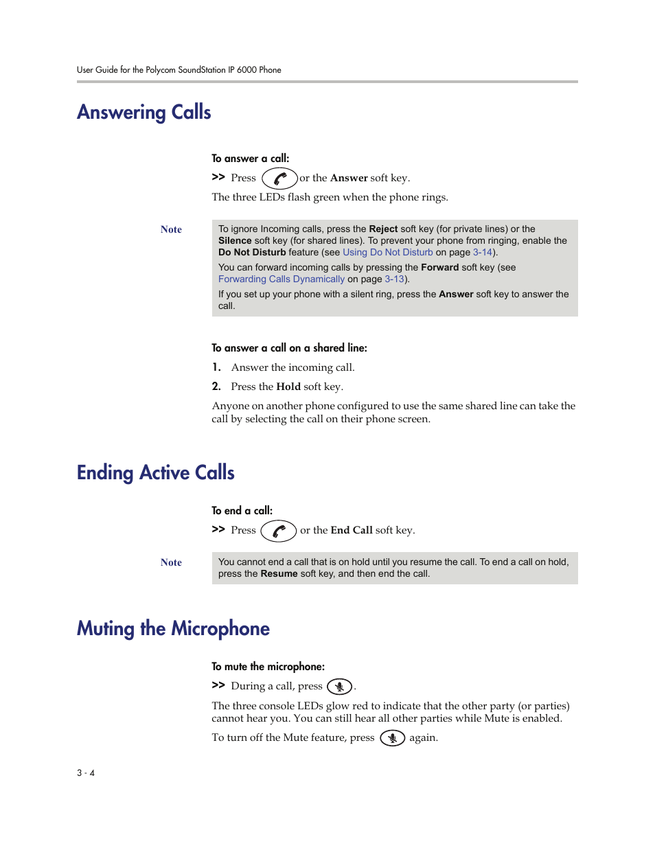 Answering calls, Ending active calls, Muting the microphone | Polycom SoundStation IP 6000 User Manual | Page 50 / 86