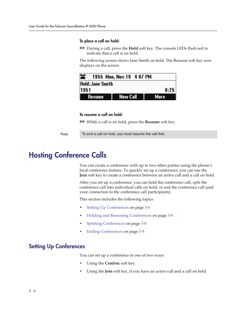 Hosting conference calls, Setting up conferences, Hosting conference calls -6 | Setting up conferences -6, Hosting, Conference calls | Polycom SoundStation IP 6000 User Manual | Page 52 / 86