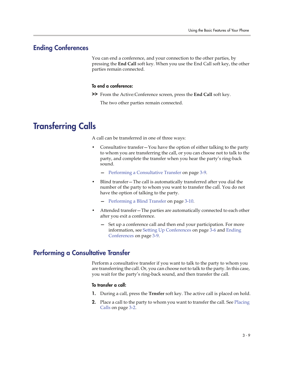 Ending conferences, Transferring calls, Performing a consultative transfer | Ending conferences -9, Transferring calls -9, Performing a consultative transfer -9 | Polycom SoundStation IP 6000 User Manual | Page 55 / 86