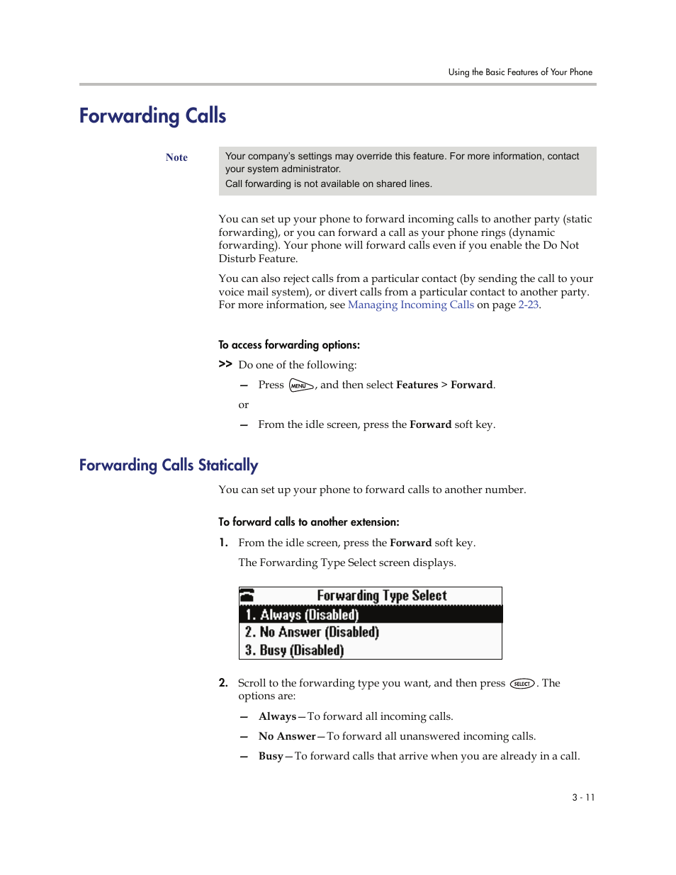 Forwarding calls, Forwarding calls statically, Forwarding calls -11 | Forwarding calls statically -11 | Polycom SoundStation IP 6000 User Manual | Page 57 / 86