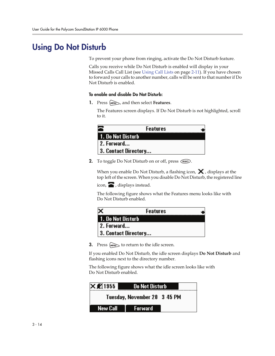 Using do not disturb, Using do not disturb -14, On p | Polycom SoundStation IP 6000 User Manual | Page 60 / 86