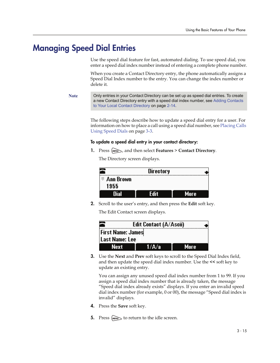 Managing speed dial entries, Managing speed dial entries -15, Managing | Speed dial entries, Contact directory, see | Polycom SoundStation IP 6000 User Manual | Page 61 / 86
