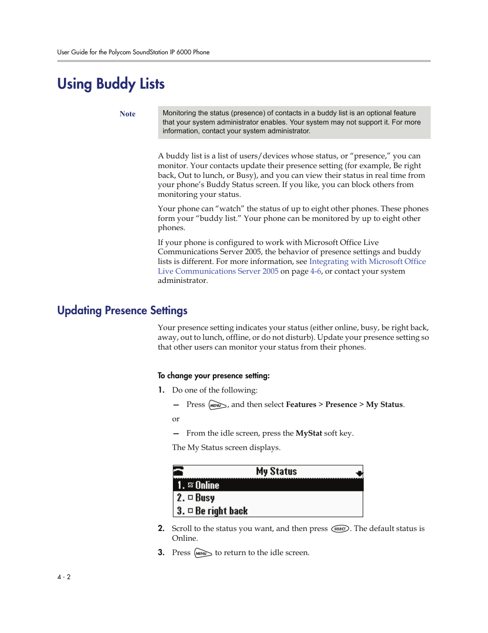 Using buddy lists, Updating presence settings, Using buddy lists -2 | Updating presence settings -2 | Polycom SoundStation IP 6000 User Manual | Page 64 / 86