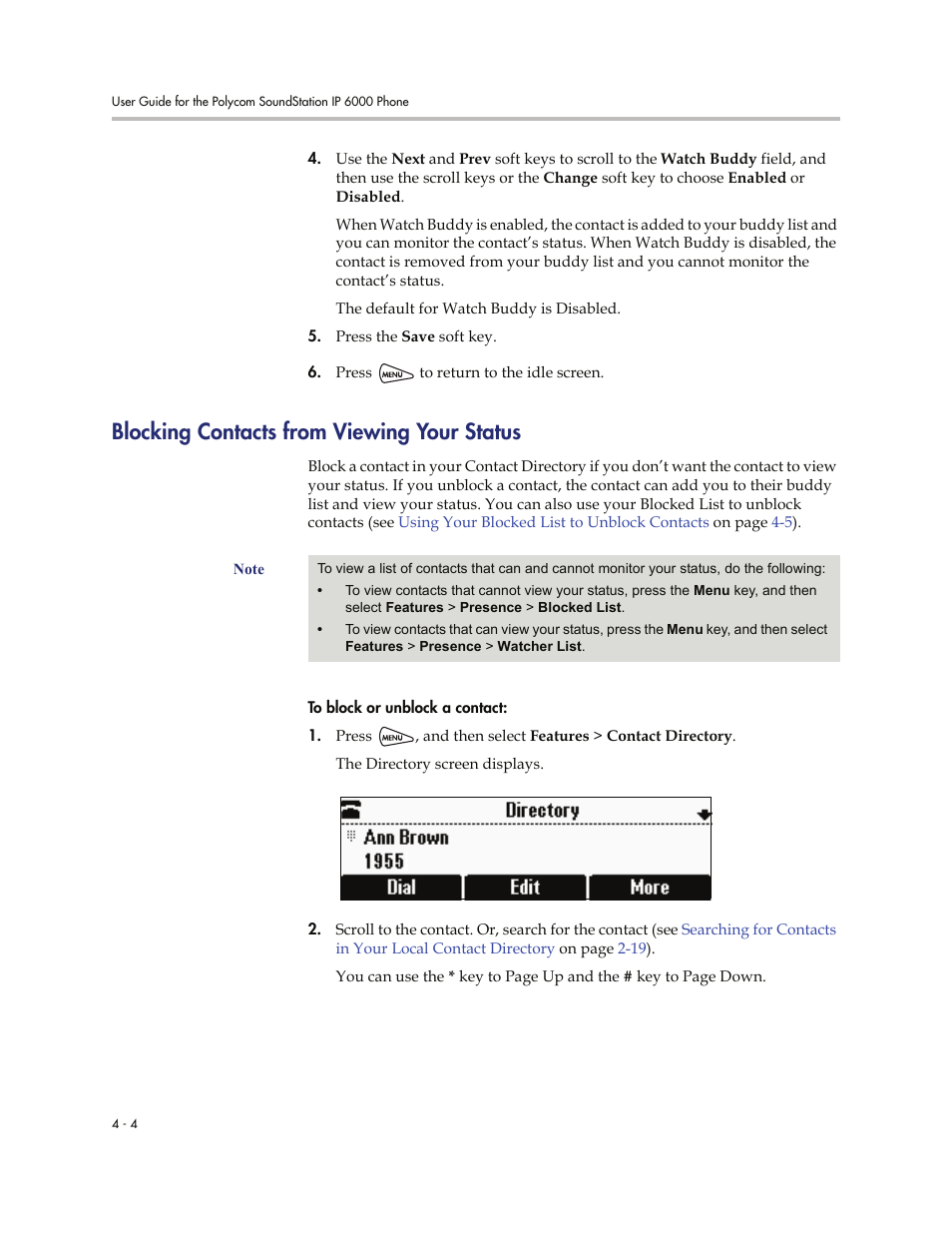 Blocking contacts from viewing your status, Blocking contacts from viewing your status -4 | Polycom SoundStation IP 6000 User Manual | Page 66 / 86