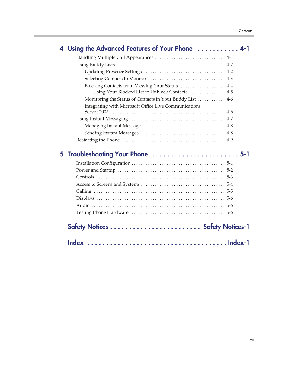 4 using the advanced features of your phone -1, 5 troubleshooting your phone -1 | Polycom SoundStation IP 6000 User Manual | Page 7 / 86