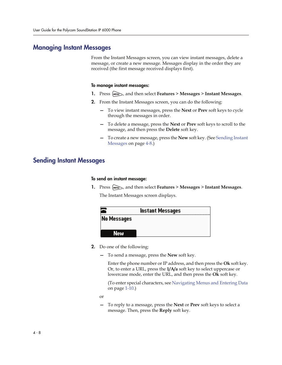 Managing instant messages, Sending instant messages | Polycom SoundStation IP 6000 User Manual | Page 70 / 86