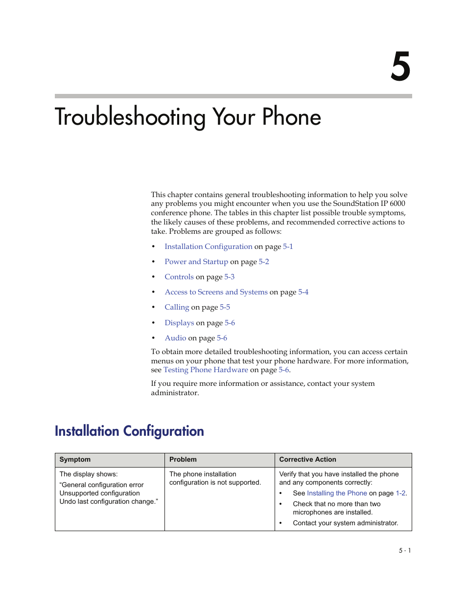 Troubleshooting your phone, Installation configuration, 5 troubleshooting your phone -1 | Installation configuration -1 | Polycom SoundStation IP 6000 User Manual | Page 73 / 86