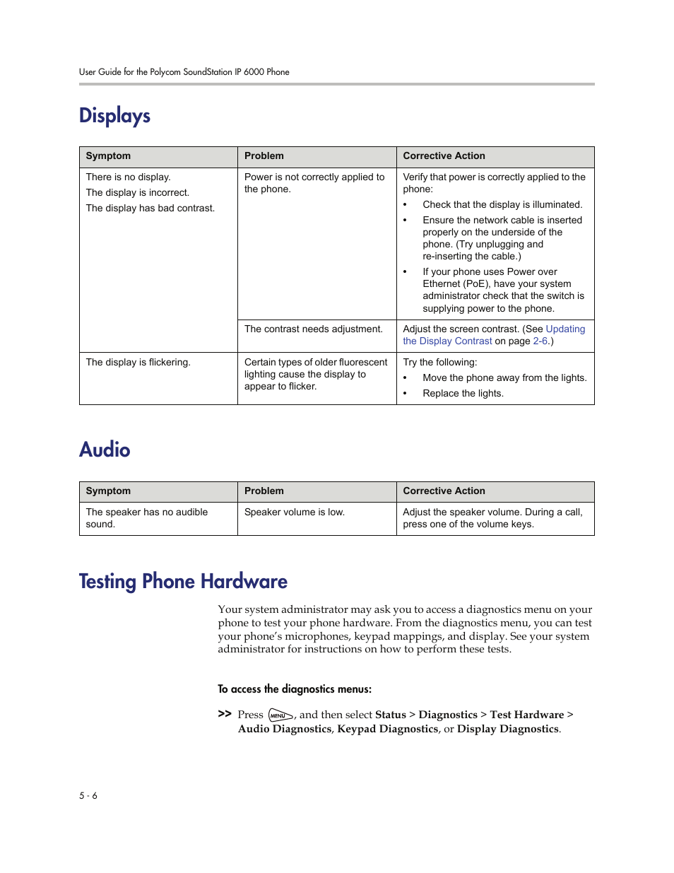 Displays, Audio, Testing phone hardware | Displays -6 audio -6 testing phone hardware -6, Displays audio testing phone hardware | Polycom SoundStation IP 6000 User Manual | Page 78 / 86