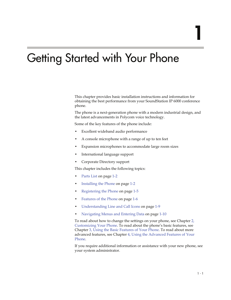 Getting started with your phone, 1 getting started with your phone -1 | Polycom SoundStation IP 6000 User Manual | Page 9 / 86