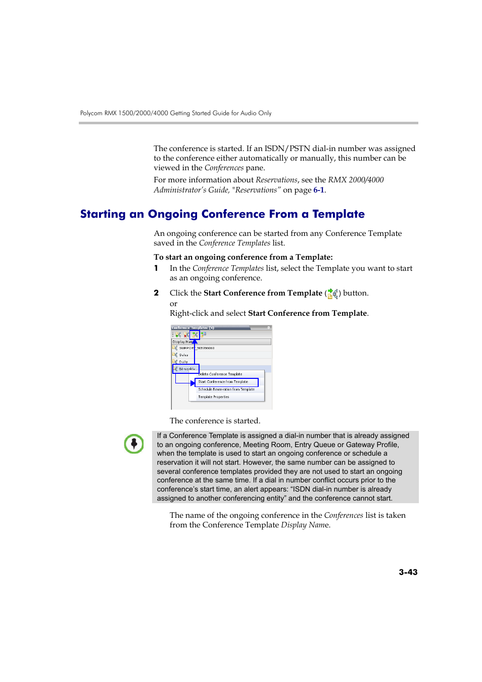 Starting an ongoing conference from a template, Starting an ongoing conference from a template -43, Starting an ongoing conference from a | Polycom DOC2585A User Manual | Page 119 / 160