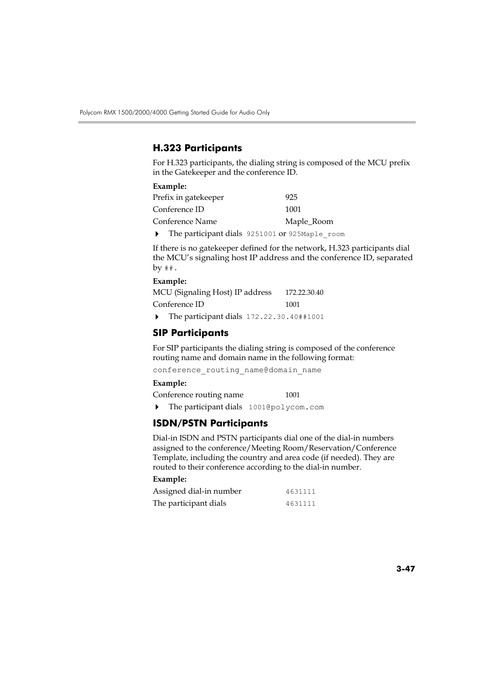 H.323 participants, Sip participants, Isdn/pstn participants | H.323 participants -47, Sip participants -47 isdn/pstn participants -47 | Polycom DOC2585A User Manual | Page 123 / 160