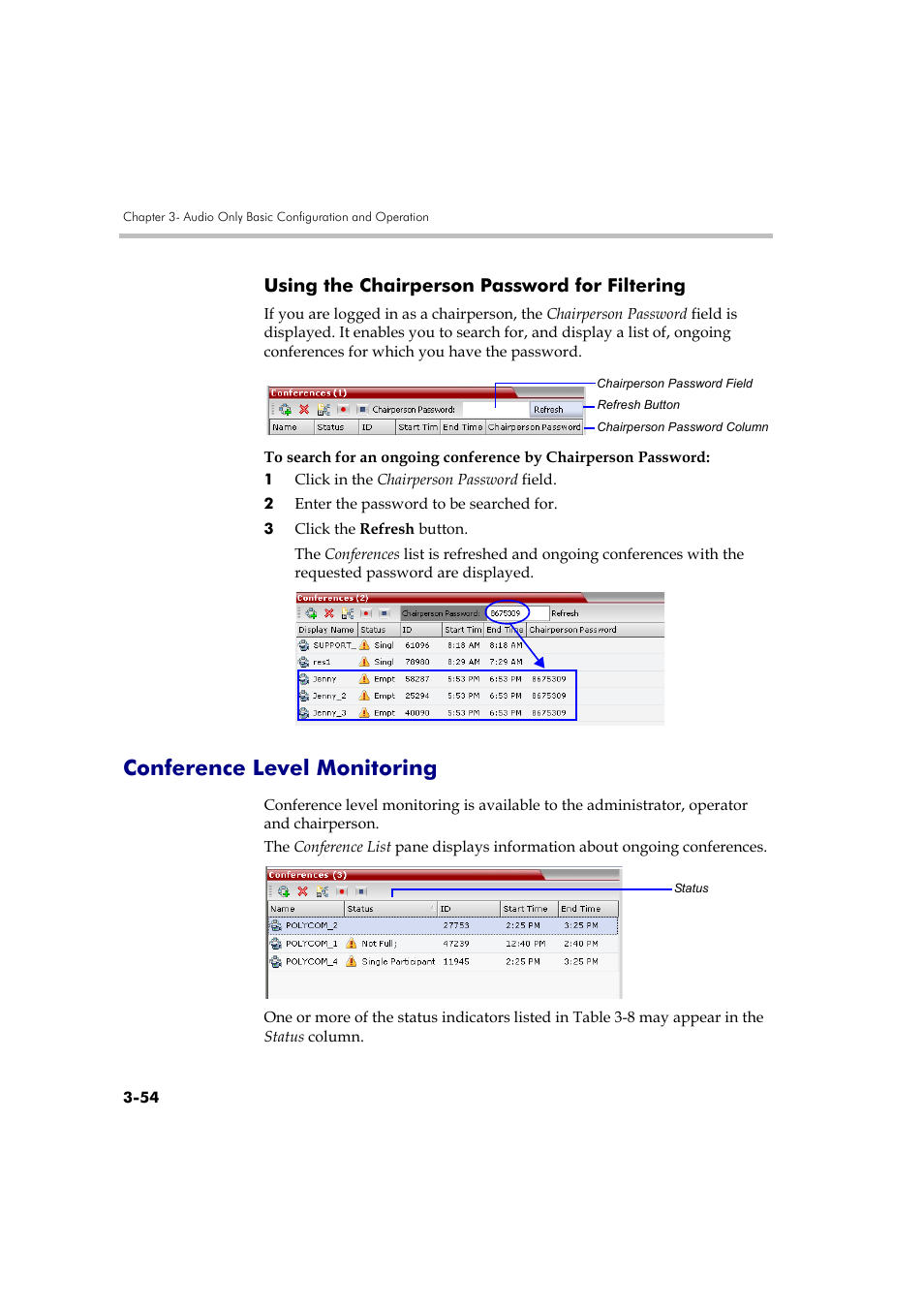 Using the chairperson password for filtering, Conference level monitoring, Using the chairperson password for filtering -54 | Conference level monitoring -54 | Polycom DOC2585A User Manual | Page 130 / 160