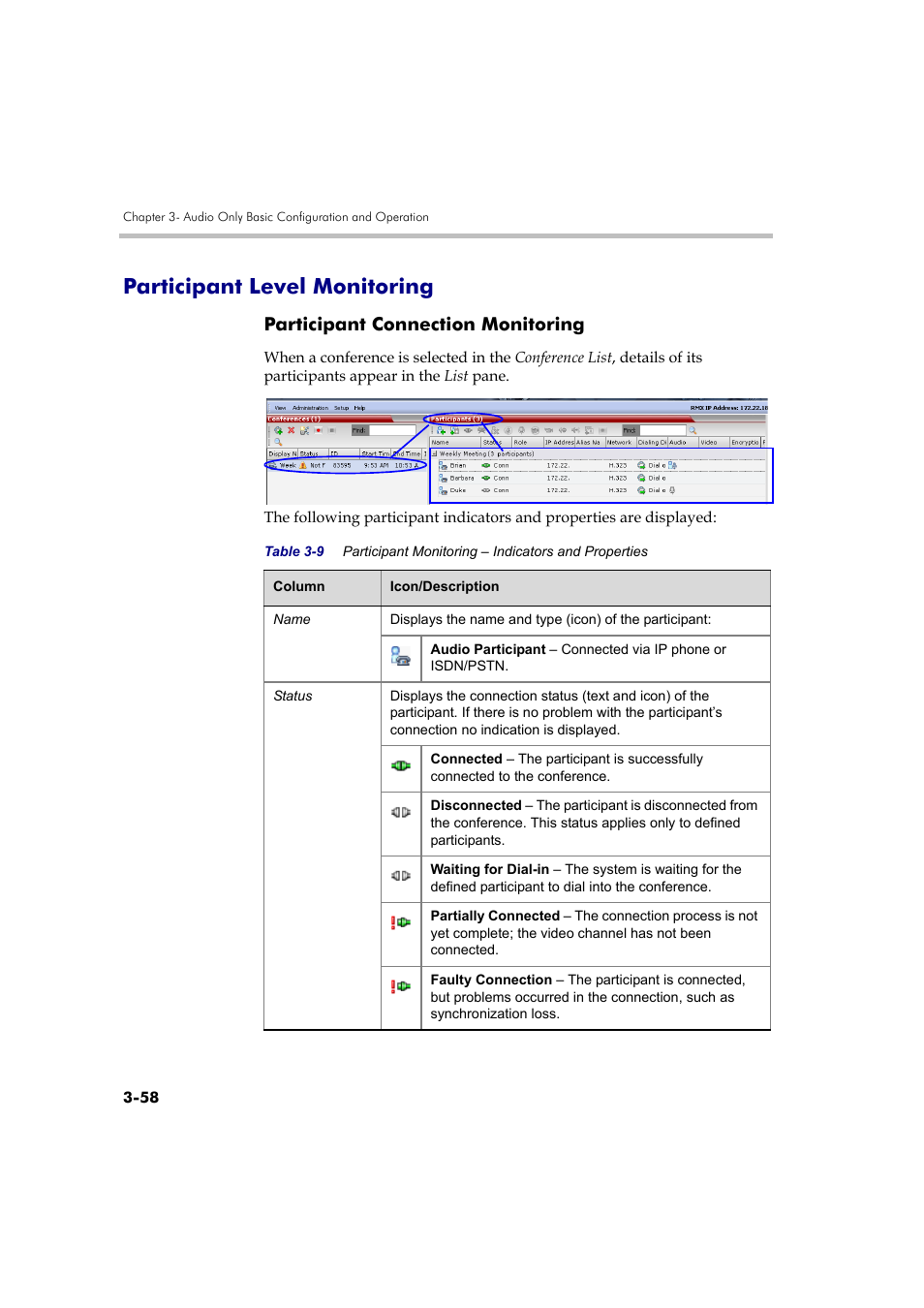 Participant level monitoring, Participant connection monitoring, Participant level monitoring -58 | Participant connection monitoring -58 | Polycom DOC2585A User Manual | Page 134 / 160