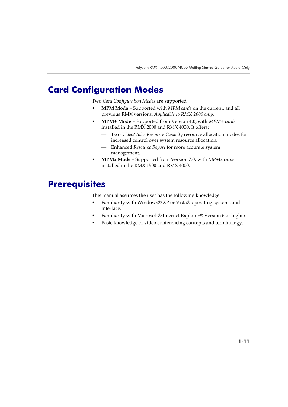 Card configuration modes, Prerequisites, Card configuration modes -11 prerequisites -11 | Polycom DOC2585A User Manual | Page 21 / 160